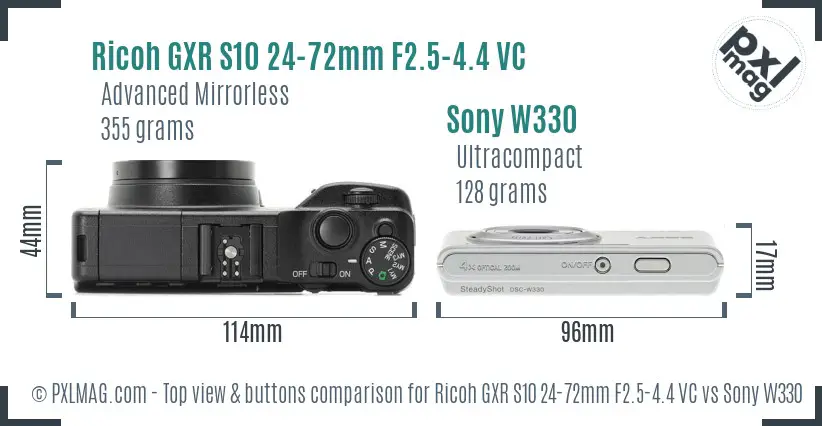 Ricoh GXR S10 24-72mm F2.5-4.4 VC vs Sony W330 top view buttons comparison