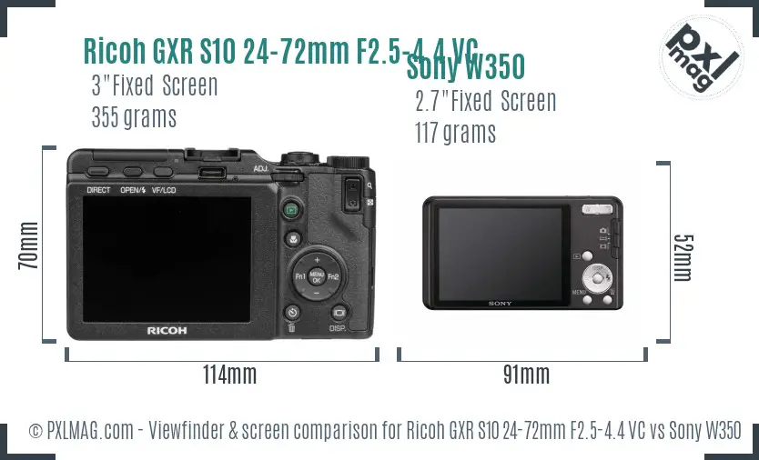 Ricoh GXR S10 24-72mm F2.5-4.4 VC vs Sony W350 Screen and Viewfinder comparison