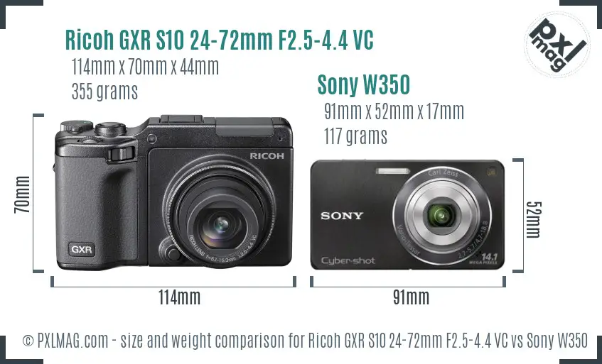 Ricoh GXR S10 24-72mm F2.5-4.4 VC vs Sony W350 size comparison