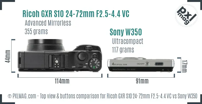 Ricoh GXR S10 24-72mm F2.5-4.4 VC vs Sony W350 top view buttons comparison