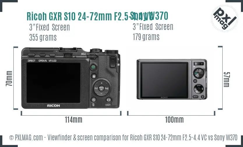 Ricoh GXR S10 24-72mm F2.5-4.4 VC vs Sony W370 Screen and Viewfinder comparison