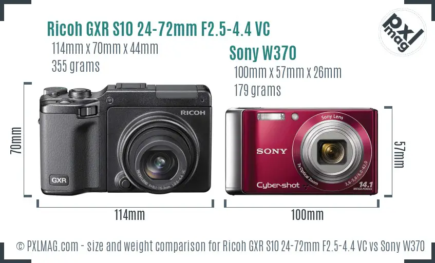 Ricoh GXR S10 24-72mm F2.5-4.4 VC vs Sony W370 size comparison