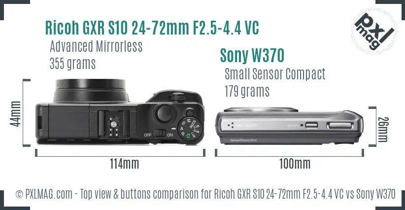 Ricoh GXR S10 24-72mm F2.5-4.4 VC vs Sony W370 top view buttons comparison