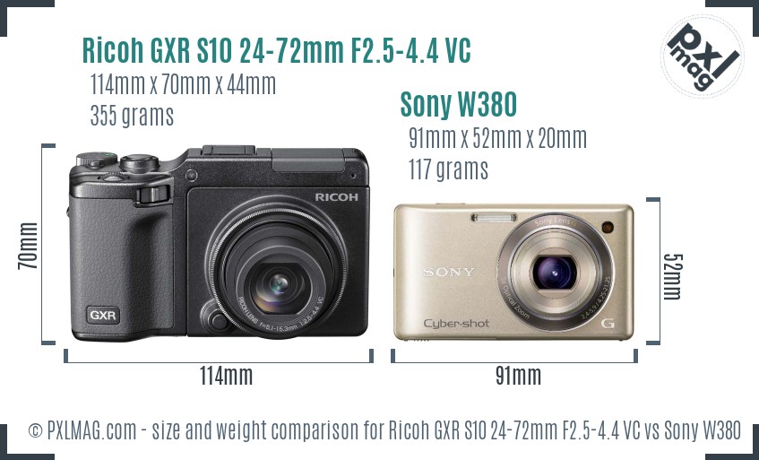 Ricoh GXR S10 24-72mm F2.5-4.4 VC vs Sony W380 size comparison