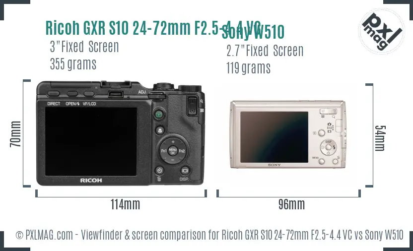 Ricoh GXR S10 24-72mm F2.5-4.4 VC vs Sony W510 Screen and Viewfinder comparison