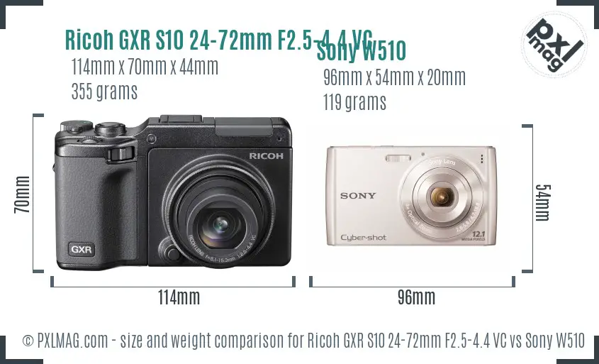 Ricoh GXR S10 24-72mm F2.5-4.4 VC vs Sony W510 size comparison