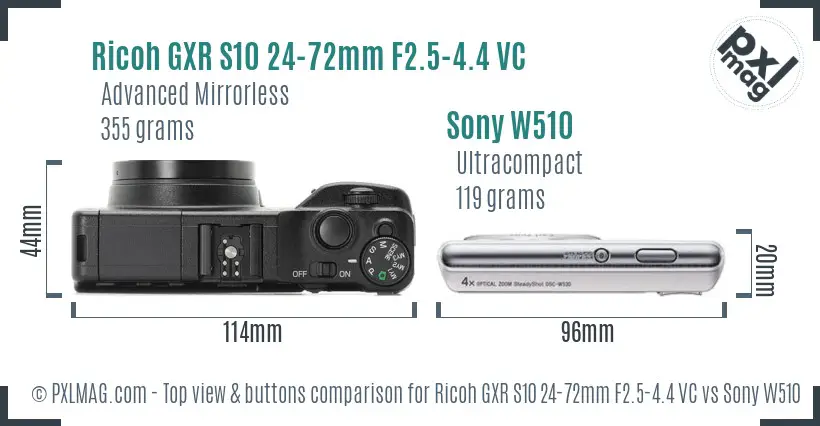Ricoh GXR S10 24-72mm F2.5-4.4 VC vs Sony W510 top view buttons comparison