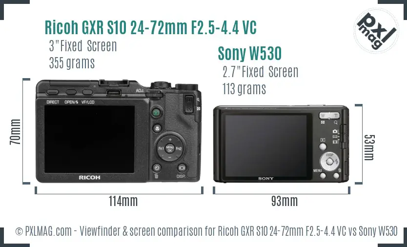 Ricoh GXR S10 24-72mm F2.5-4.4 VC vs Sony W530 Screen and Viewfinder comparison