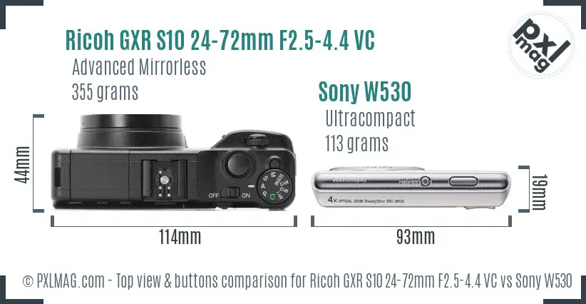 Ricoh GXR S10 24-72mm F2.5-4.4 VC vs Sony W530 top view buttons comparison