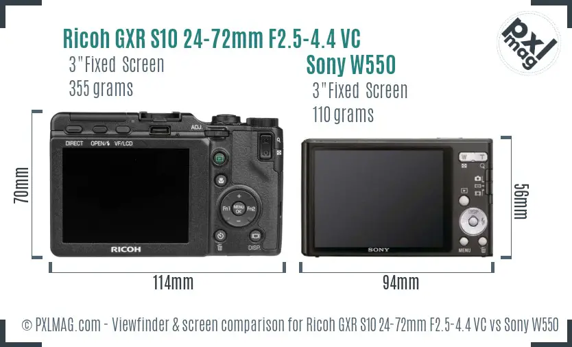 Ricoh GXR S10 24-72mm F2.5-4.4 VC vs Sony W550 Screen and Viewfinder comparison