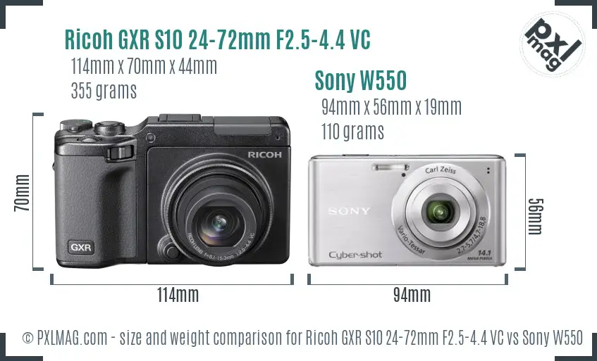Ricoh GXR S10 24-72mm F2.5-4.4 VC vs Sony W550 size comparison