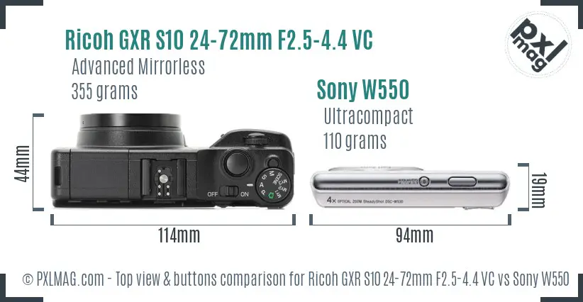 Ricoh GXR S10 24-72mm F2.5-4.4 VC vs Sony W550 top view buttons comparison