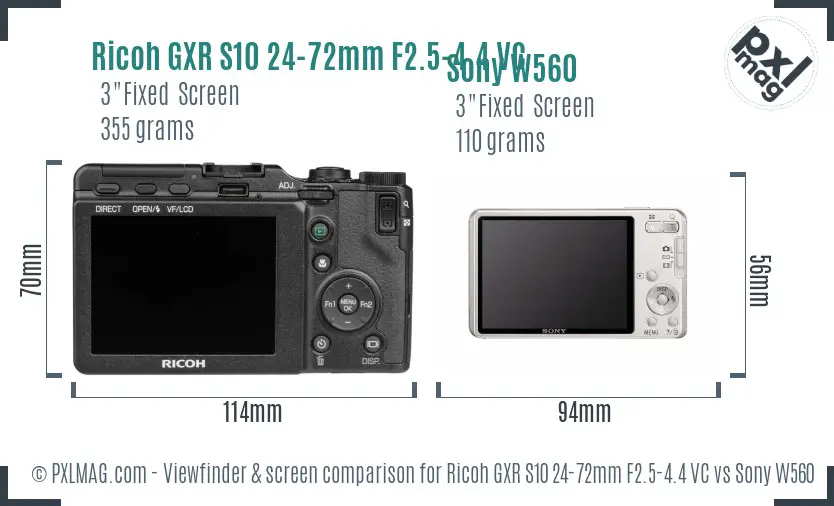 Ricoh GXR S10 24-72mm F2.5-4.4 VC vs Sony W560 Screen and Viewfinder comparison