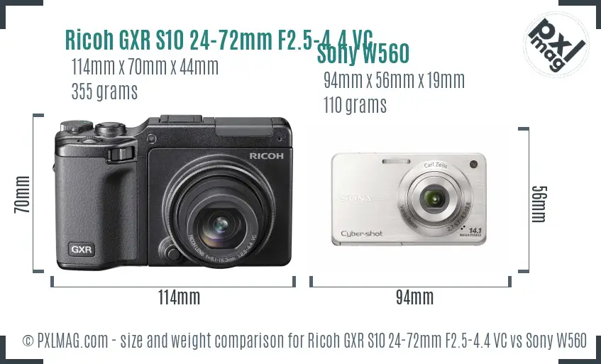 Ricoh GXR S10 24-72mm F2.5-4.4 VC vs Sony W560 size comparison