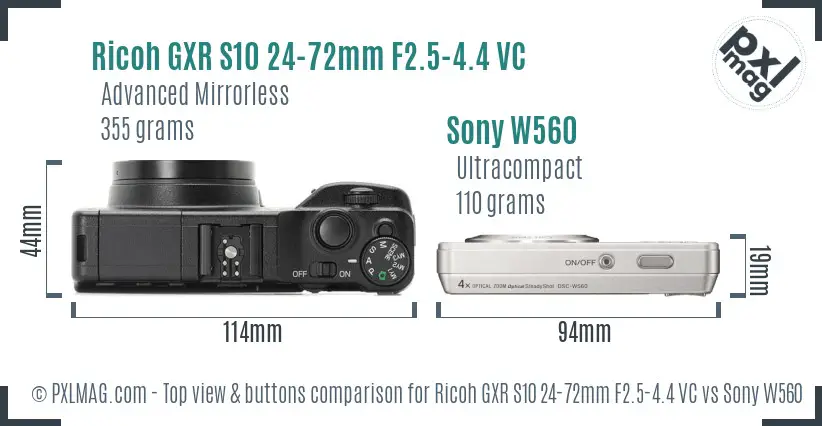 Ricoh GXR S10 24-72mm F2.5-4.4 VC vs Sony W560 top view buttons comparison