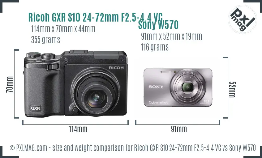 Ricoh GXR S10 24-72mm F2.5-4.4 VC vs Sony W570 size comparison