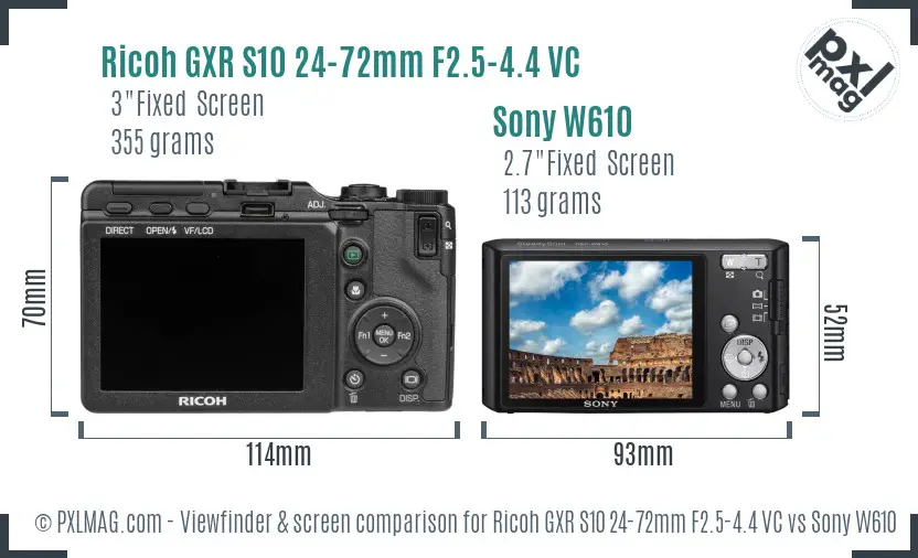 Ricoh GXR S10 24-72mm F2.5-4.4 VC vs Sony W610 Screen and Viewfinder comparison