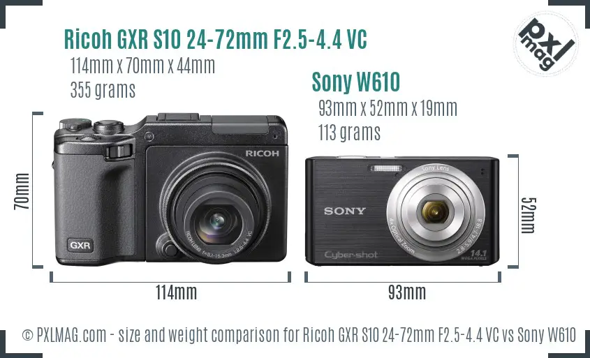 Ricoh GXR S10 24-72mm F2.5-4.4 VC vs Sony W610 size comparison