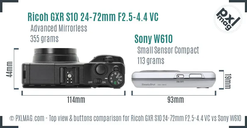 Ricoh GXR S10 24-72mm F2.5-4.4 VC vs Sony W610 top view buttons comparison