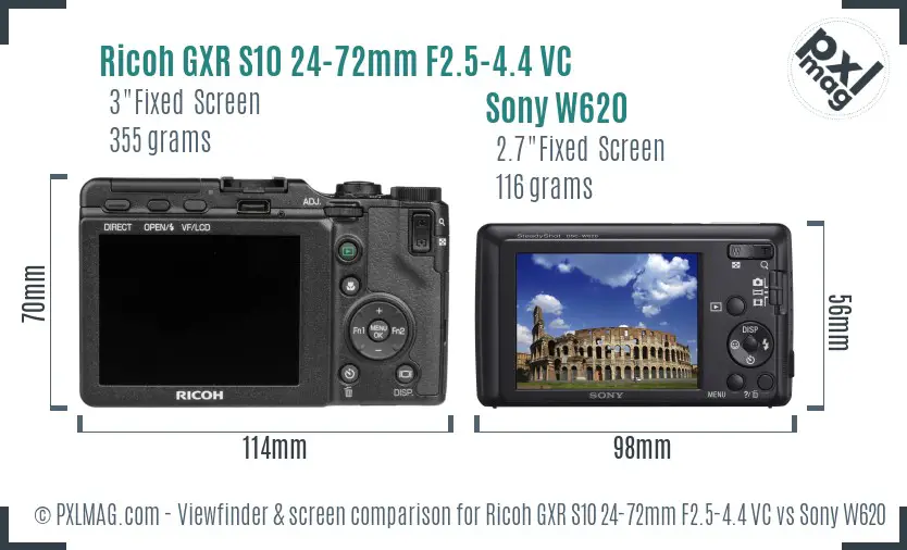 Ricoh GXR S10 24-72mm F2.5-4.4 VC vs Sony W620 Screen and Viewfinder comparison