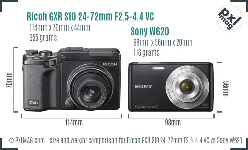 Ricoh GXR S10 24-72mm F2.5-4.4 VC vs Sony W620 size comparison