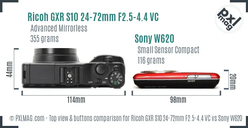 Ricoh GXR S10 24-72mm F2.5-4.4 VC vs Sony W620 top view buttons comparison