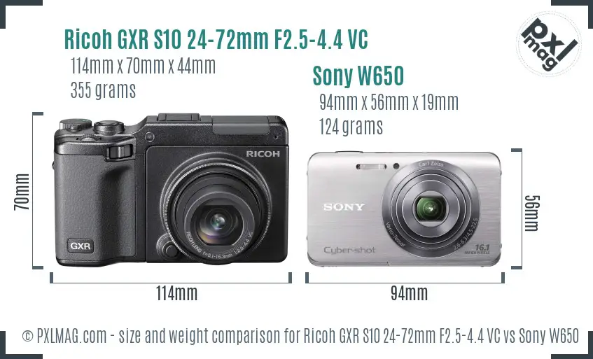 Ricoh GXR S10 24-72mm F2.5-4.4 VC vs Sony W650 size comparison