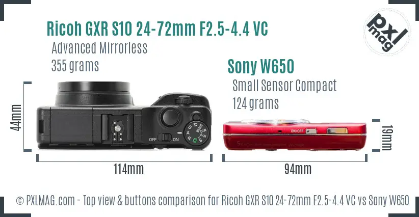 Ricoh GXR S10 24-72mm F2.5-4.4 VC vs Sony W650 top view buttons comparison