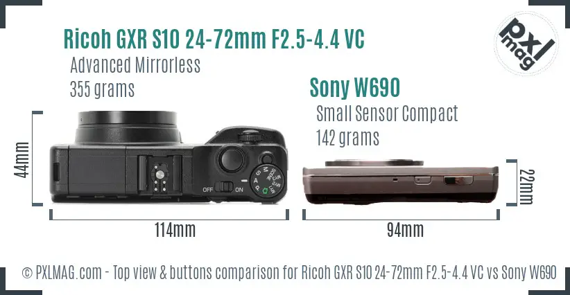 Ricoh GXR S10 24-72mm F2.5-4.4 VC vs Sony W690 top view buttons comparison