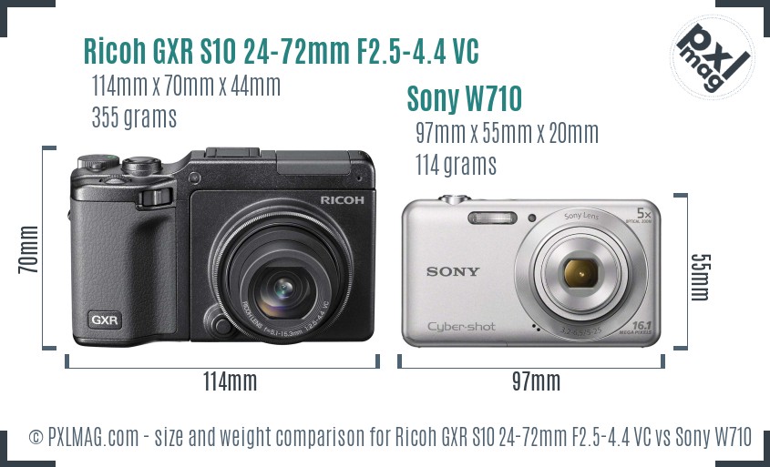 Ricoh GXR S10 24-72mm F2.5-4.4 VC vs Sony W710 size comparison