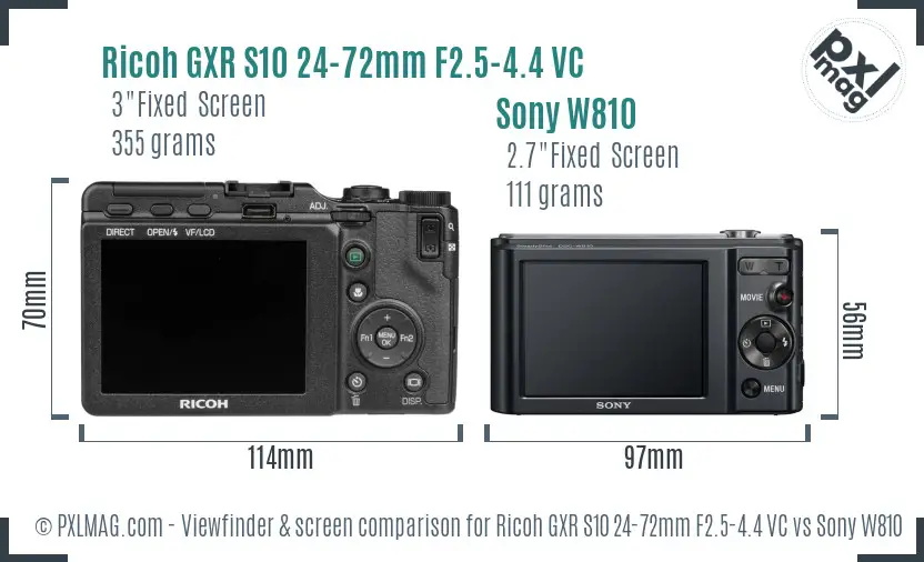 Ricoh GXR S10 24-72mm F2.5-4.4 VC vs Sony W810 Screen and Viewfinder comparison
