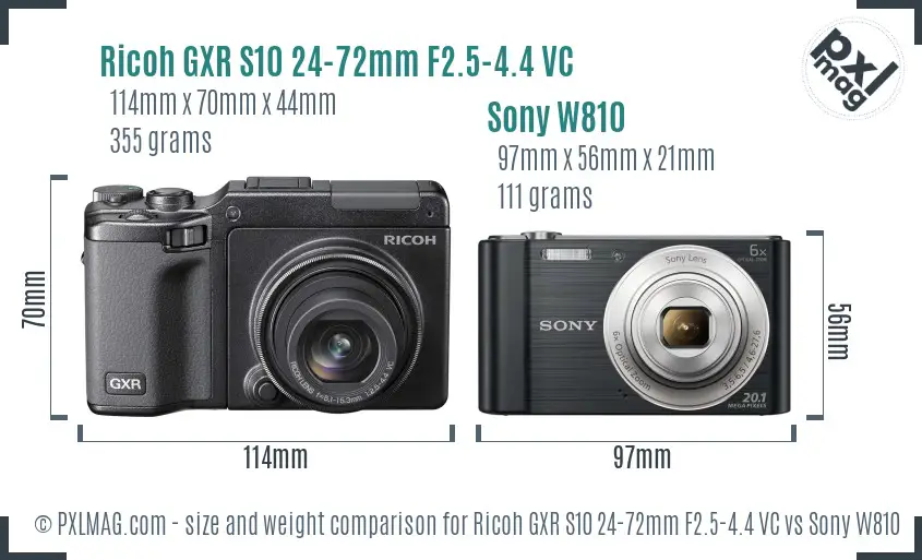 Ricoh GXR S10 24-72mm F2.5-4.4 VC vs Sony W810 size comparison