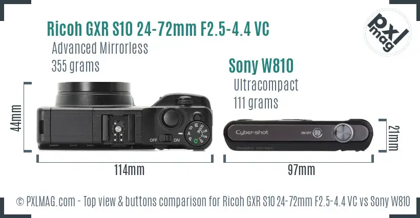 Ricoh GXR S10 24-72mm F2.5-4.4 VC vs Sony W810 top view buttons comparison
