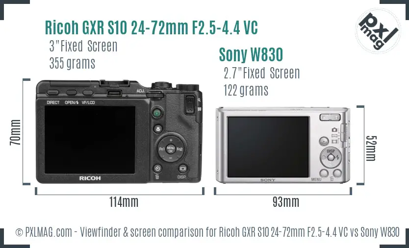 Ricoh GXR S10 24-72mm F2.5-4.4 VC vs Sony W830 Screen and Viewfinder comparison