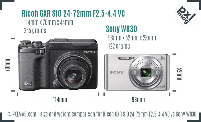Ricoh GXR S10 24-72mm F2.5-4.4 VC vs Sony W830 size comparison