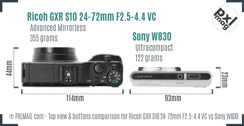 Ricoh GXR S10 24-72mm F2.5-4.4 VC vs Sony W830 top view buttons comparison