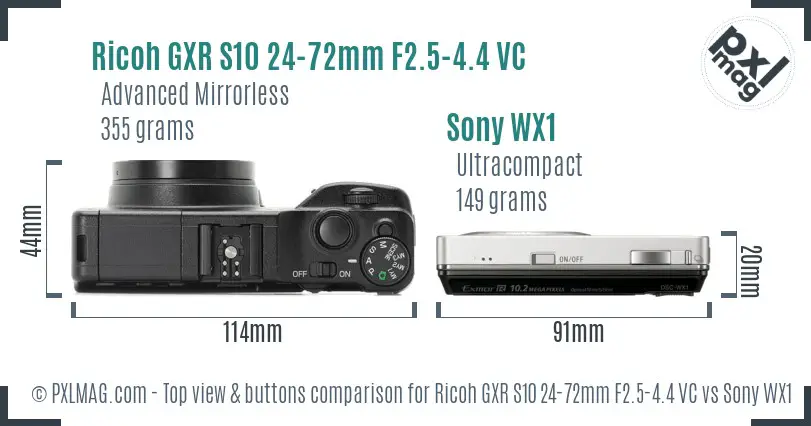 Ricoh GXR S10 24-72mm F2.5-4.4 VC vs Sony WX1 top view buttons comparison Ricoh GXR S10 24-72mm F2.5-4.4 VC vs Sony WX1 top view buttons comparison