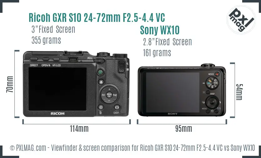 Ricoh GXR S10 24-72mm F2.5-4.4 VC vs Sony WX10 Screen and Viewfinder comparison