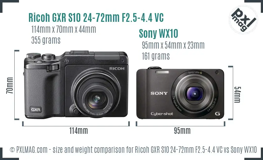 Ricoh GXR S10 24-72mm F2.5-4.4 VC vs Sony WX10 size comparison