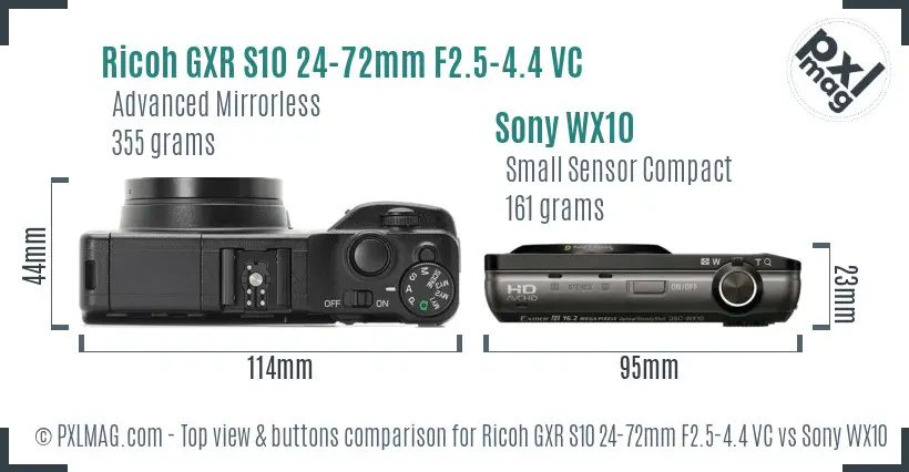 Ricoh GXR S10 24-72mm F2.5-4.4 VC vs Sony WX10 top view buttons comparison