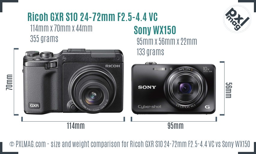 Ricoh GXR S10 24-72mm F2.5-4.4 VC vs Sony WX150 size comparison