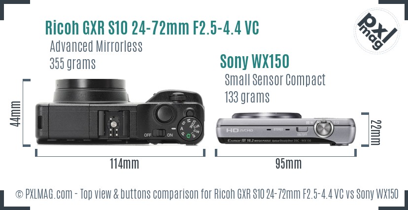 Ricoh GXR S10 24-72mm F2.5-4.4 VC vs Sony WX150 top view buttons comparison