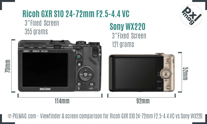 Ricoh GXR S10 24-72mm F2.5-4.4 VC vs Sony WX220 Screen and Viewfinder comparison