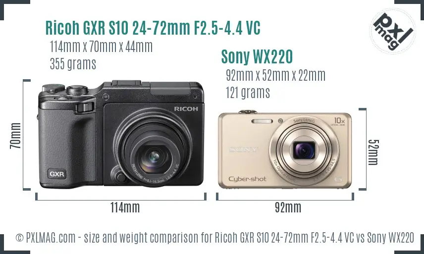 Ricoh GXR S10 24-72mm F2.5-4.4 VC vs Sony WX220 size comparison