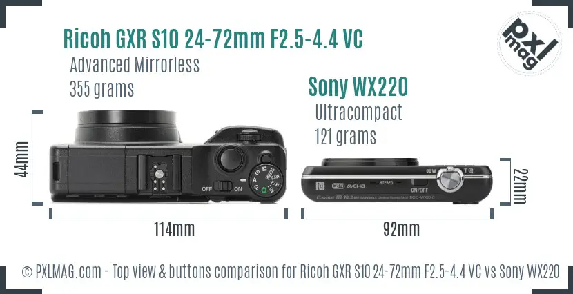 Ricoh GXR S10 24-72mm F2.5-4.4 VC vs Sony WX220 top view buttons comparison