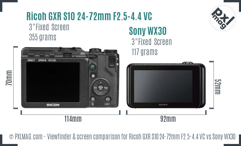 Ricoh GXR S10 24-72mm F2.5-4.4 VC vs Sony WX30 Screen and Viewfinder comparison