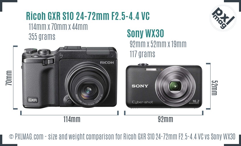 Ricoh GXR S10 24-72mm F2.5-4.4 VC vs Sony WX30 size comparison