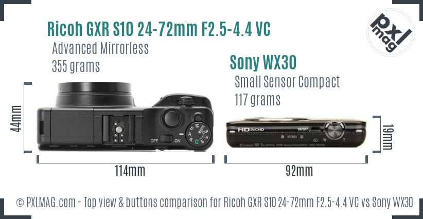 Ricoh GXR S10 24-72mm F2.5-4.4 VC vs Sony WX30 top view buttons comparison