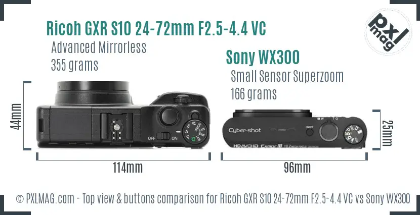 Ricoh GXR S10 24-72mm F2.5-4.4 VC vs Sony WX300 top view buttons comparison