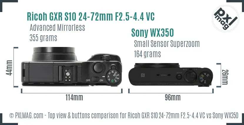 Ricoh GXR S10 24-72mm F2.5-4.4 VC vs Sony WX350 top view buttons comparison